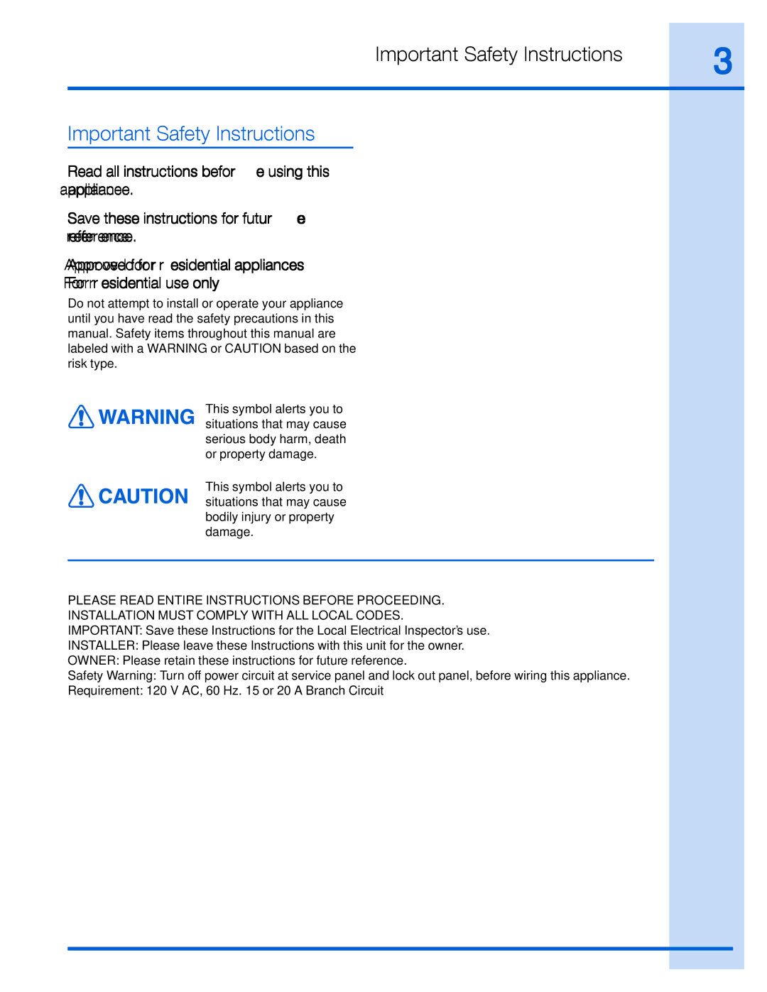 Electrolux EI36WC60GS, EI30WC60GS manual Important Safety Instructions 