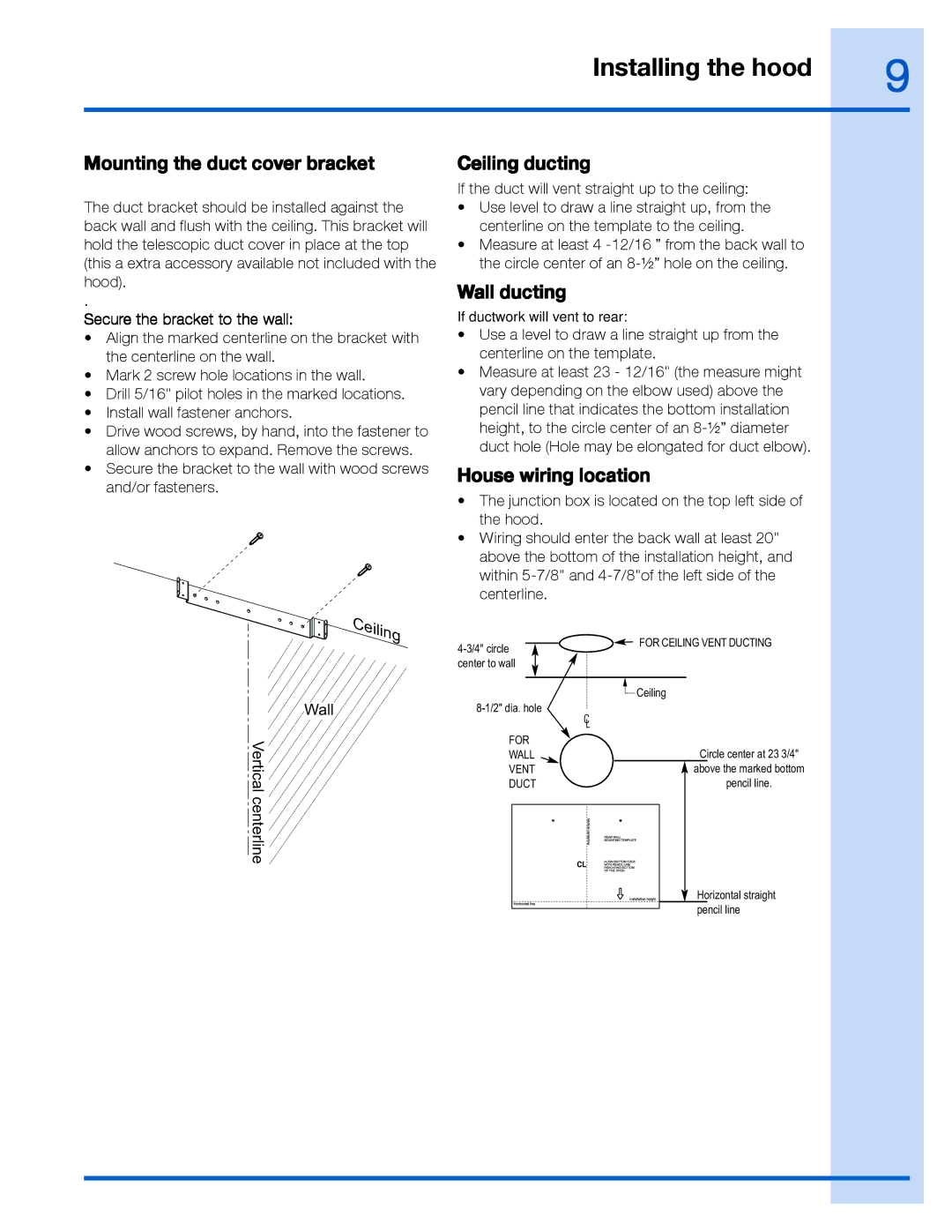 Electrolux EI36WC60GS, EI30WC60GS Mounting the duct cover bracket, Ceiling ducting, Wall ducting, House wiring location 