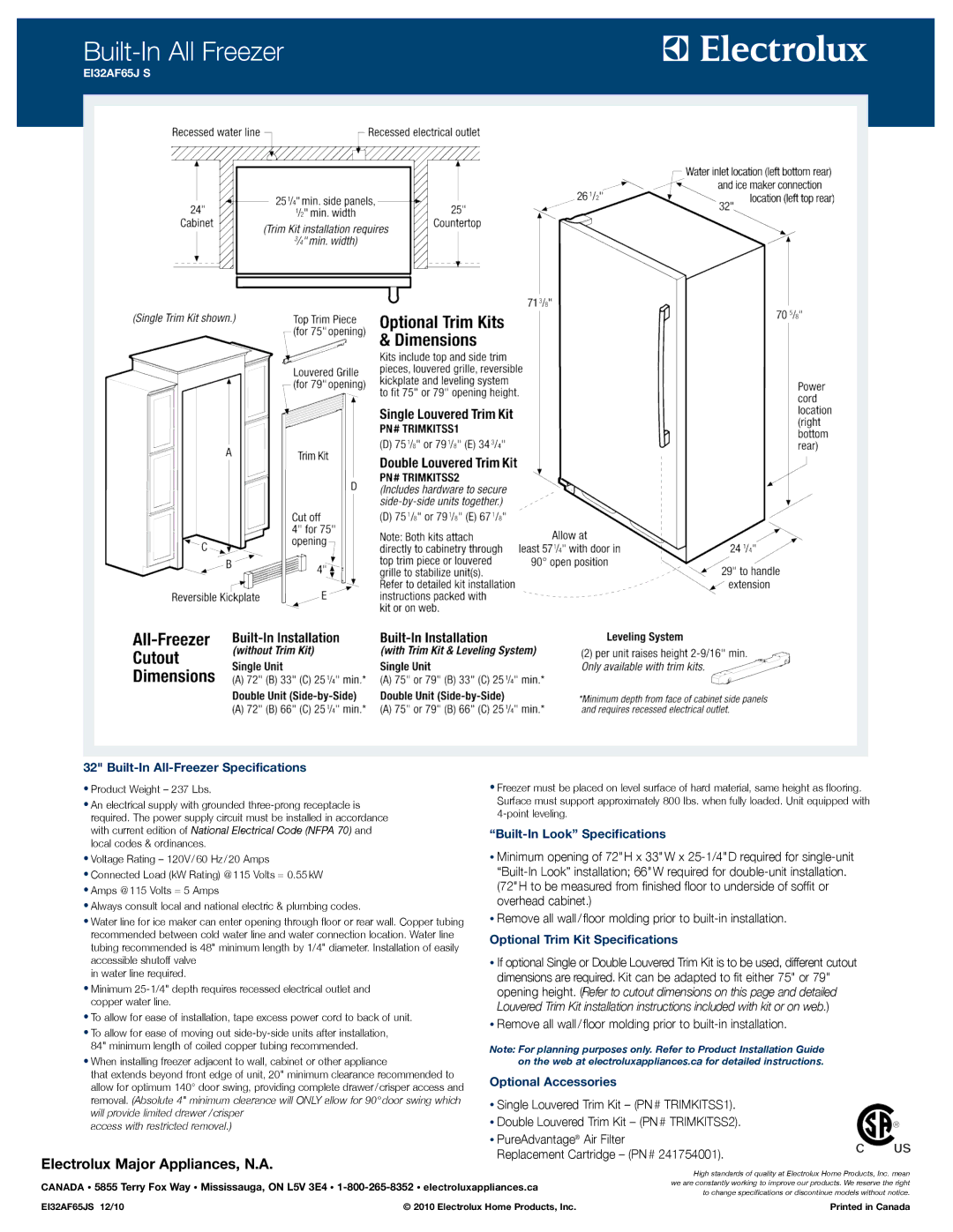 Electrolux EI32AF65J S Built-In All-Freezer Specifications, Built-In Look Specifications, Optional Trim Kit Specifications 