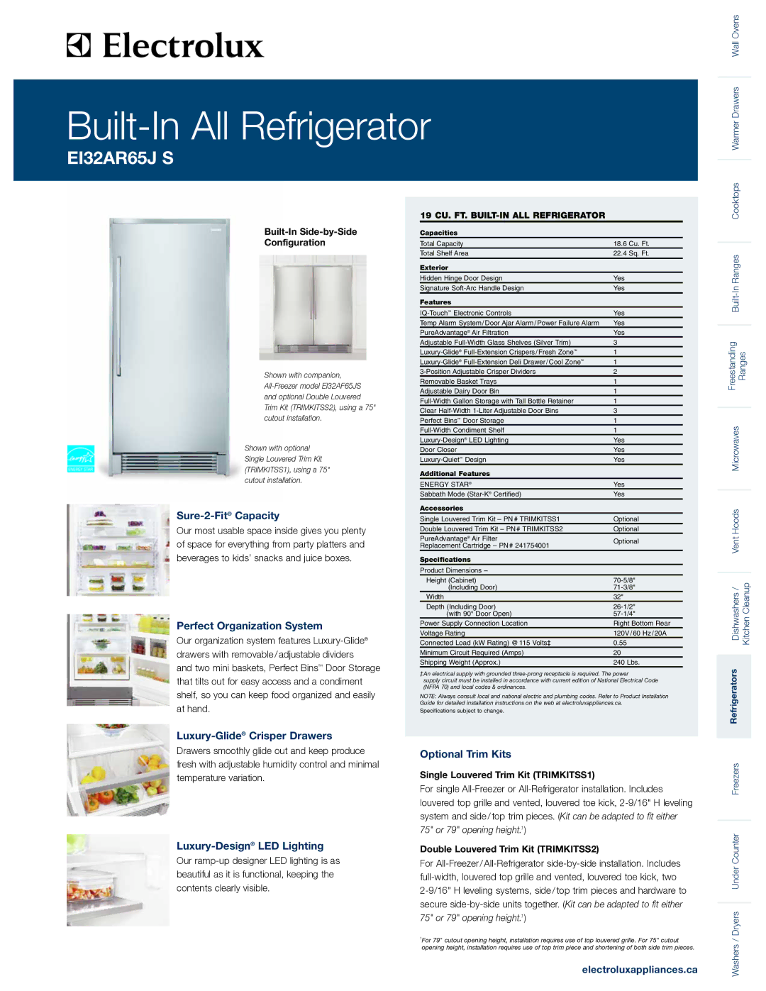 Electrolux EI32AR65J S specifications Sure-2-FitCapacity, Perfect Organization System, Luxury-GlideCrisper Drawers 