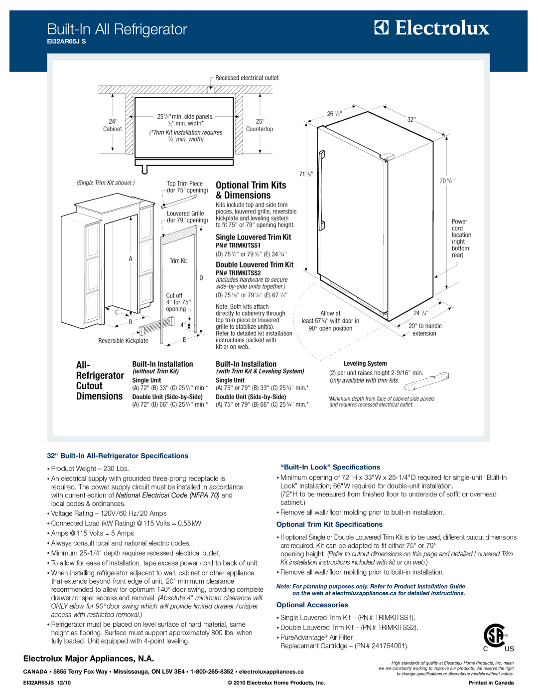 Electrolux EI32AR65J S Built-In All-Refrigerator Specifications, Built-In Look Specifications, Optional Accessories 