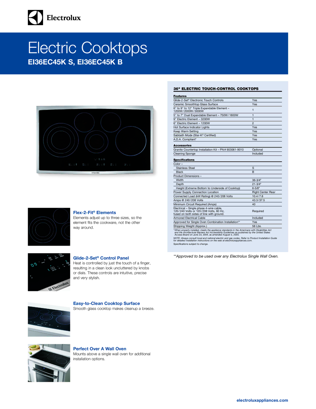 Electrolux EI36EC45K S specifications Flex-2-FitElements, Glide-2-SetControl Panel, Easy-to-Clean Cooktop Surface 