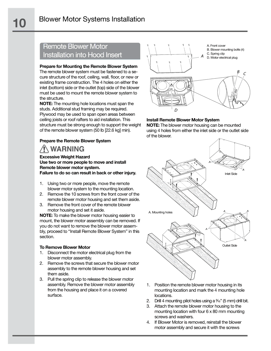 Electrolux EI48HI55KS, EI36HI55KS, EI30HI55KS manual Remote Blower Motor, Installation into Hood Insert 