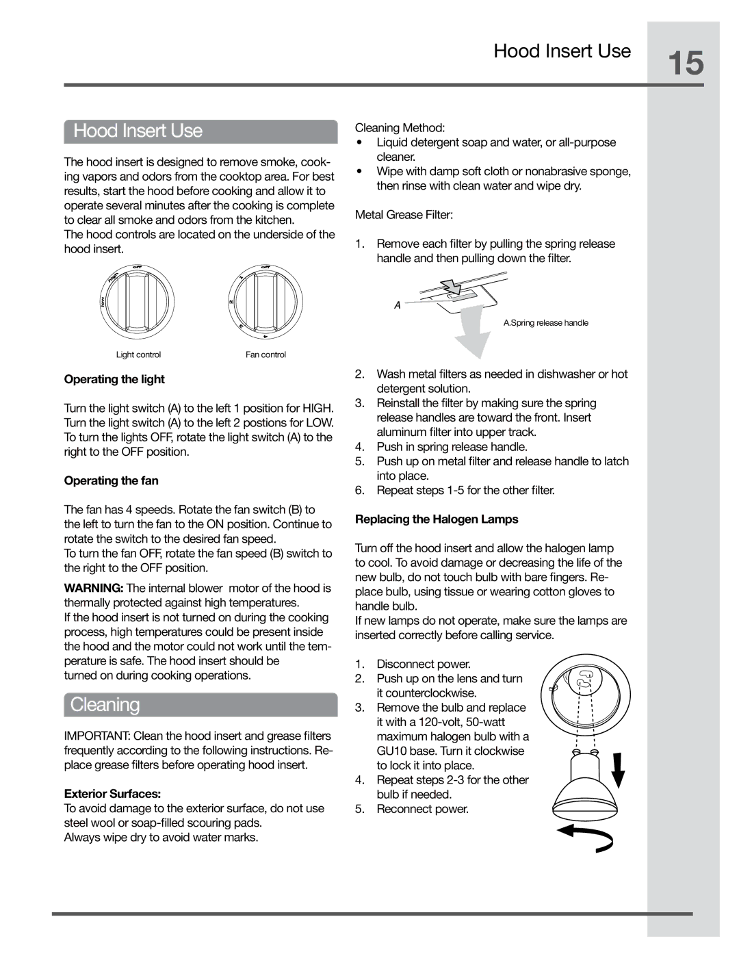 Electrolux EI36HI55KS, EI48HI55KS, EI30HI55KS manual Hood Insert Use, Cleaning 