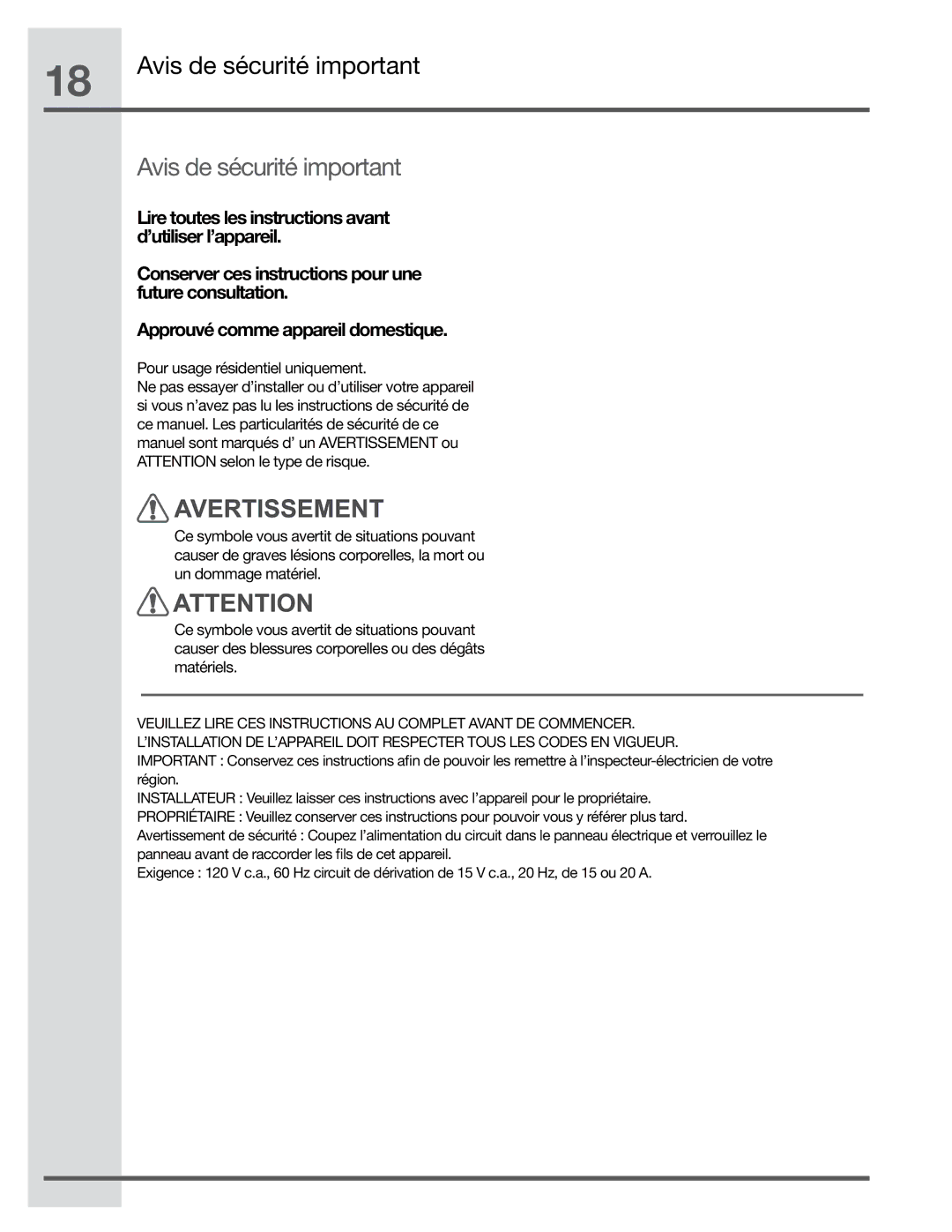 Electrolux EI36HI55KS, EI48HI55KS, EI30HI55KS manual Avis de sécurité important, Pour usage résidentiel uniquement 