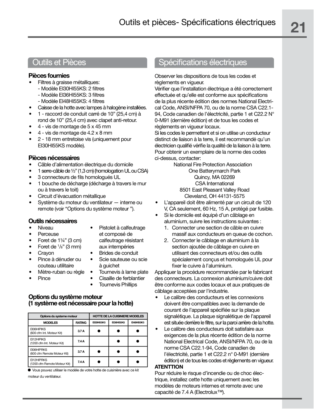 Electrolux EI36HI55KS, EI48HI55KS, EI30HI55KS manual Outils et pièces- Spécifications électriques, Outils et Pièces 