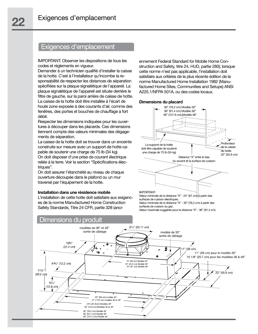 Electrolux EI48HI55KS, EI36HI55KS, EI30HI55KS manual Exigences d’emplacement, Dimensions du produit, Dimensions du placard 