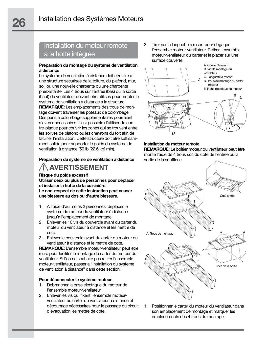 Electrolux EI30HI55KS, EI36HI55KS, EI48HI55KS manual Installation du moteur remote, La hotte intégrée 