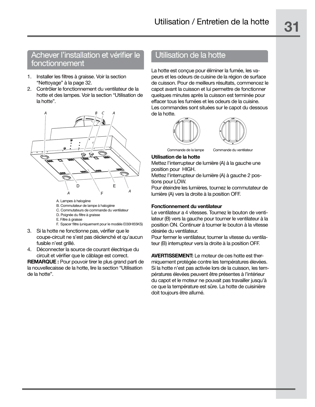 Electrolux EI48HI55KS manual Utilisation / Entretien de la hotte, Achever l’installation et vérifier le fonctionnement 