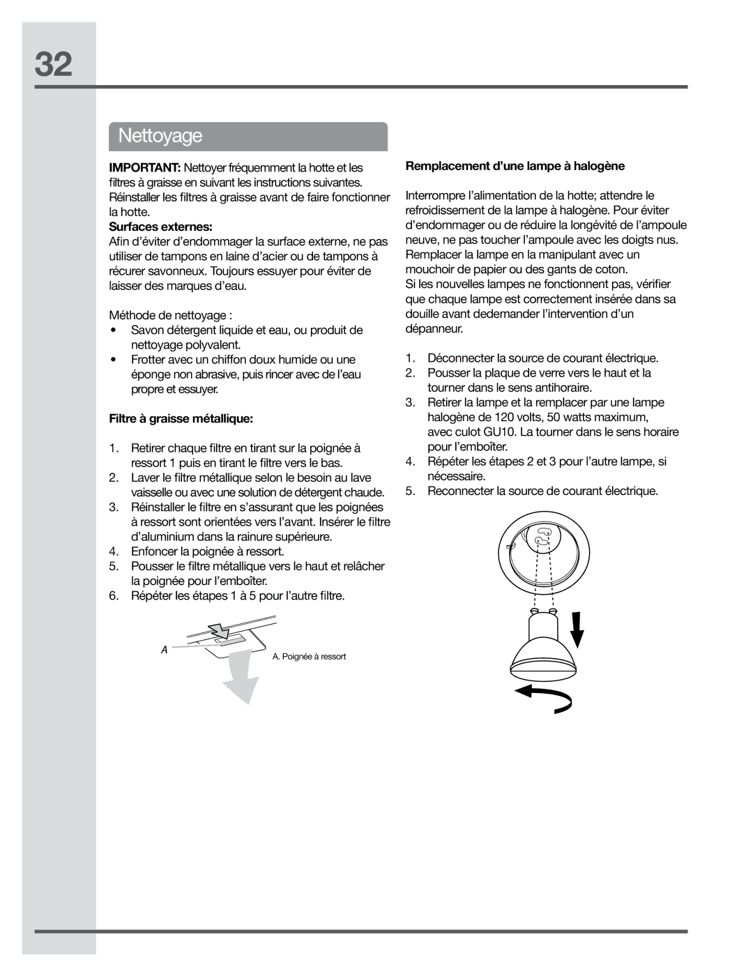 Electrolux EI30HI55KS manual Nettoyage, Surfaces externes, Filtre à graisse métallique, Remplacement d’une lampe à halogène 