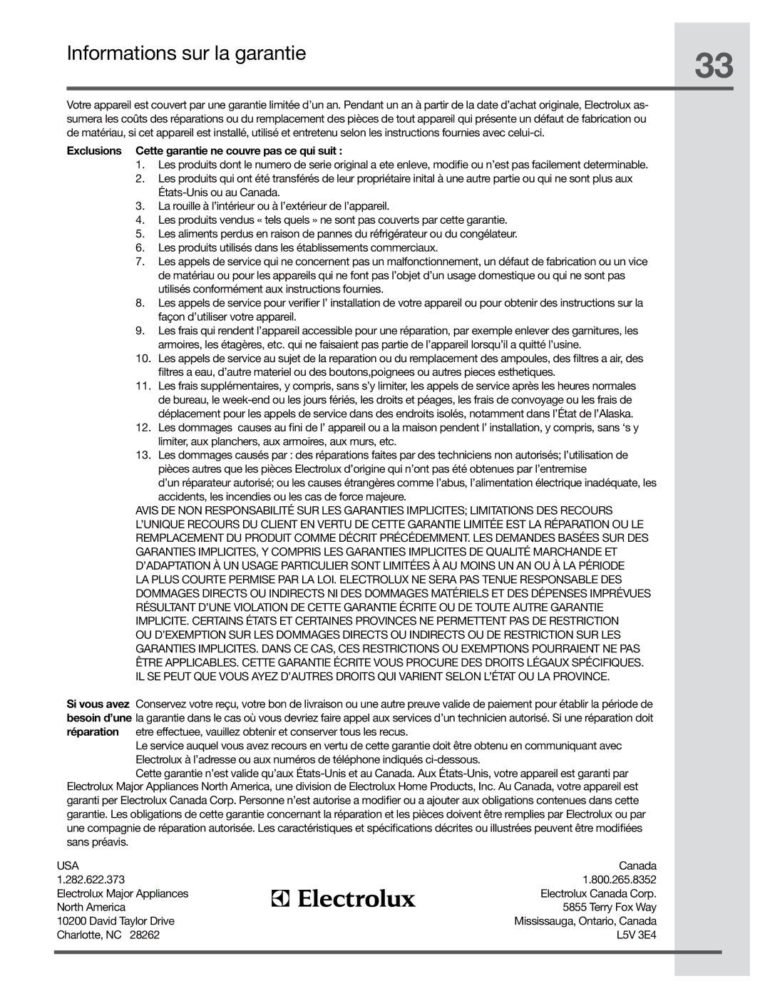 Electrolux EI36HI55KS, EI48HI55KS manual Informations sur la garantie, Exclusions Cette garantie ne couvre pas ce qui suit 