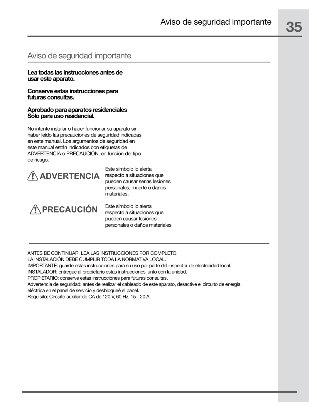 Electrolux EI30HI55KS, EI36HI55KS, EI48HI55KS manual Aviso de seguridad importante 