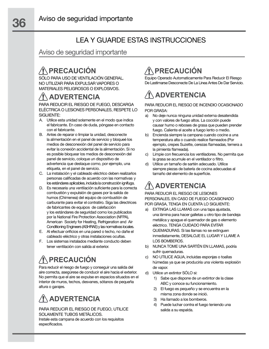 Electrolux EI36HI55KS, EI48HI55KS, EI30HI55KS manual Para Reducir EL Riesgo DE Incendio Ocasionado POR Grasa 