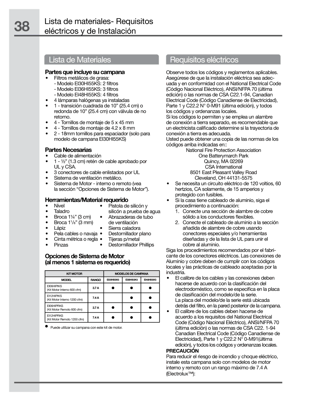 Electrolux EI30HI55KS manual Lista de materiales- Requisitos, Eléctricos y de Instalación, Lista de Materiales, Electrolux 