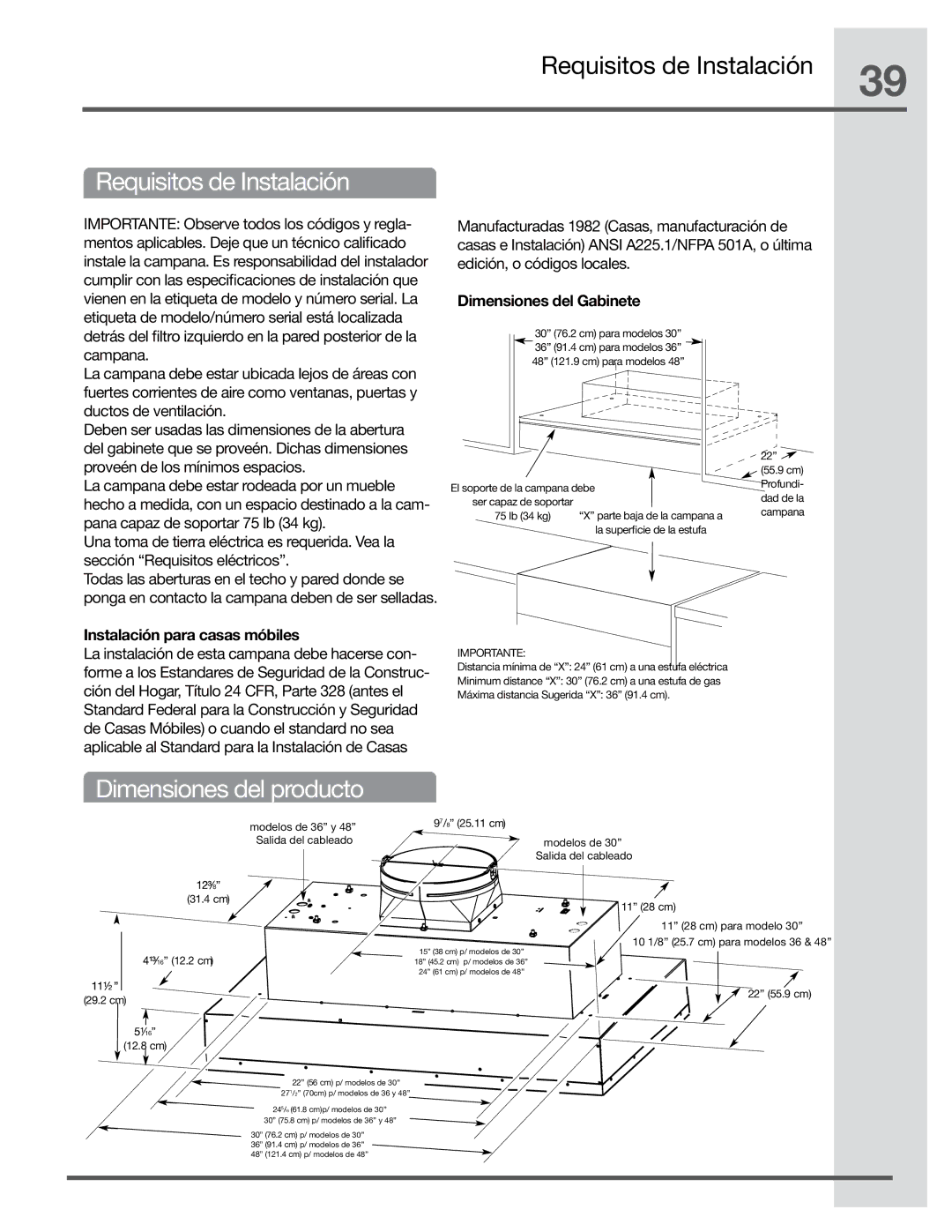 Electrolux EI36HI55KS, EI48HI55KS, EI30HI55KS Requisitos de Instalación, Dimensiones del producto, Dimensiones del Gabinete 