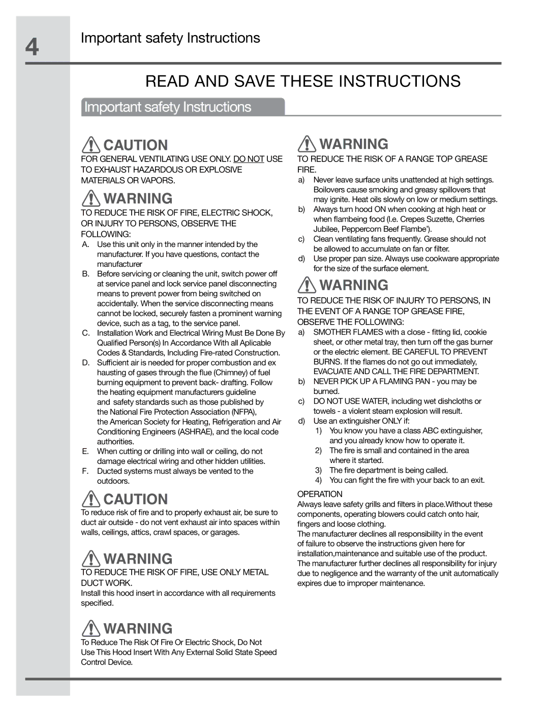 Electrolux EI48HI55KS, EI36HI55KS, EI30HI55KS manual Read and Save These Instructions, Important safety Instructions 