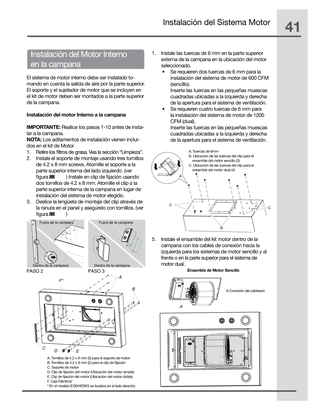 Electrolux EI30HI55KS, EI36HI55KS Instalación del Sistema Motor, Instalación del Motor Interno en la campana, Motor dual 