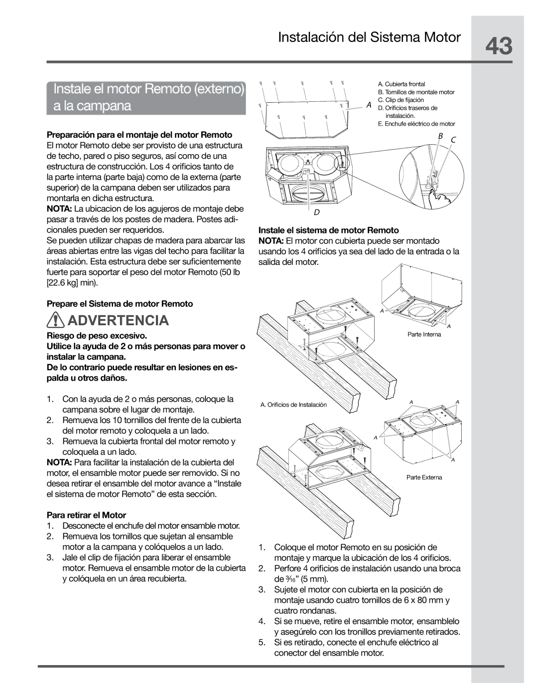 Electrolux EI48HI55KS manual Instale el motor Remoto externo a la campana, Preparación para el montaje del motor Remoto 