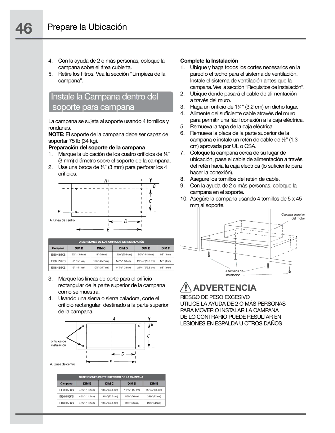 Electrolux EI48HI55KS Prepare la Ubicación, Instale la Campana dentro del soporte para campana, Complete la Instalación 