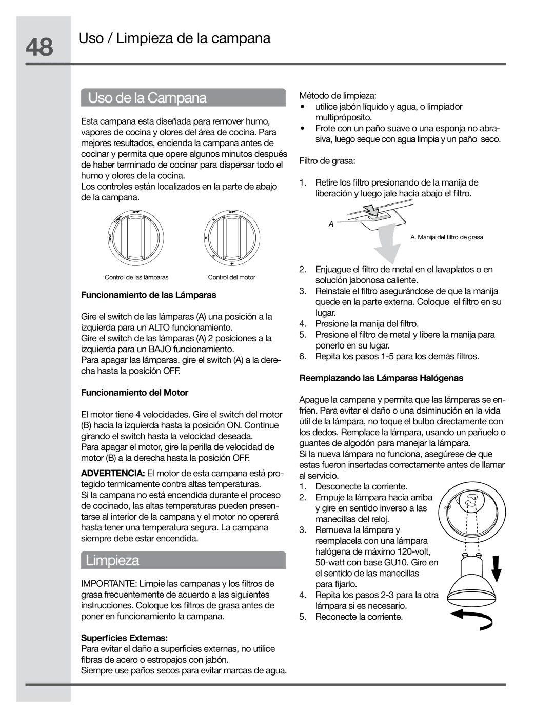 Electrolux EI36HI55KS, EI48HI55KS, EI30HI55KS manual Uso de la Campana, Limpieza 