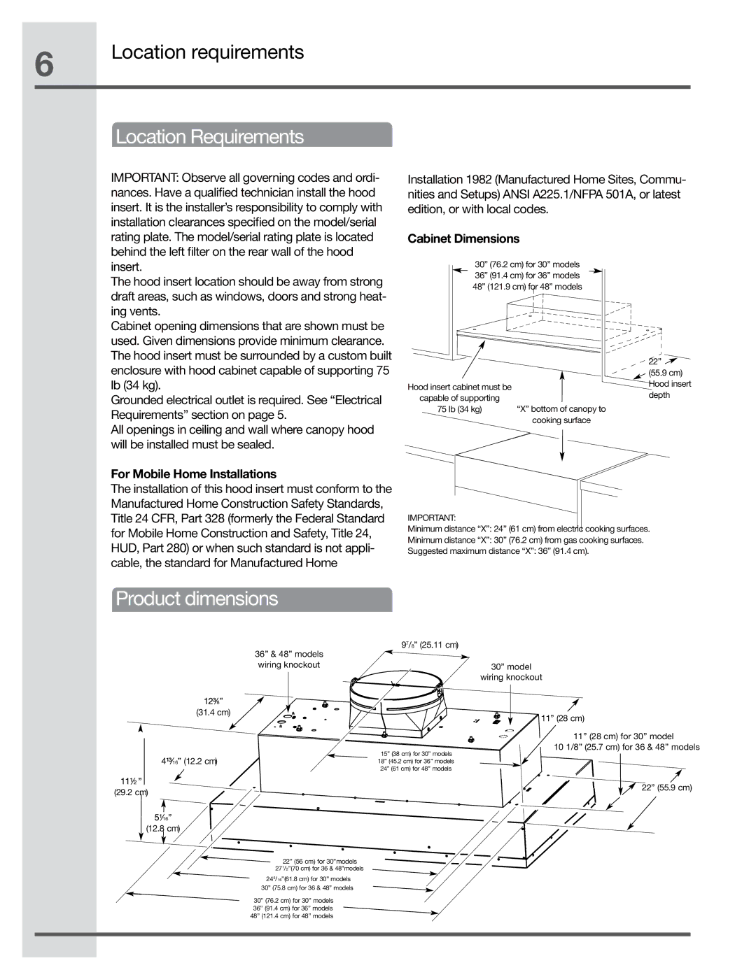 Electrolux EI36HI55KS, EI48HI55KS Location requirements, Location Requirements, Product dimensions, Cabinet Dimensions 