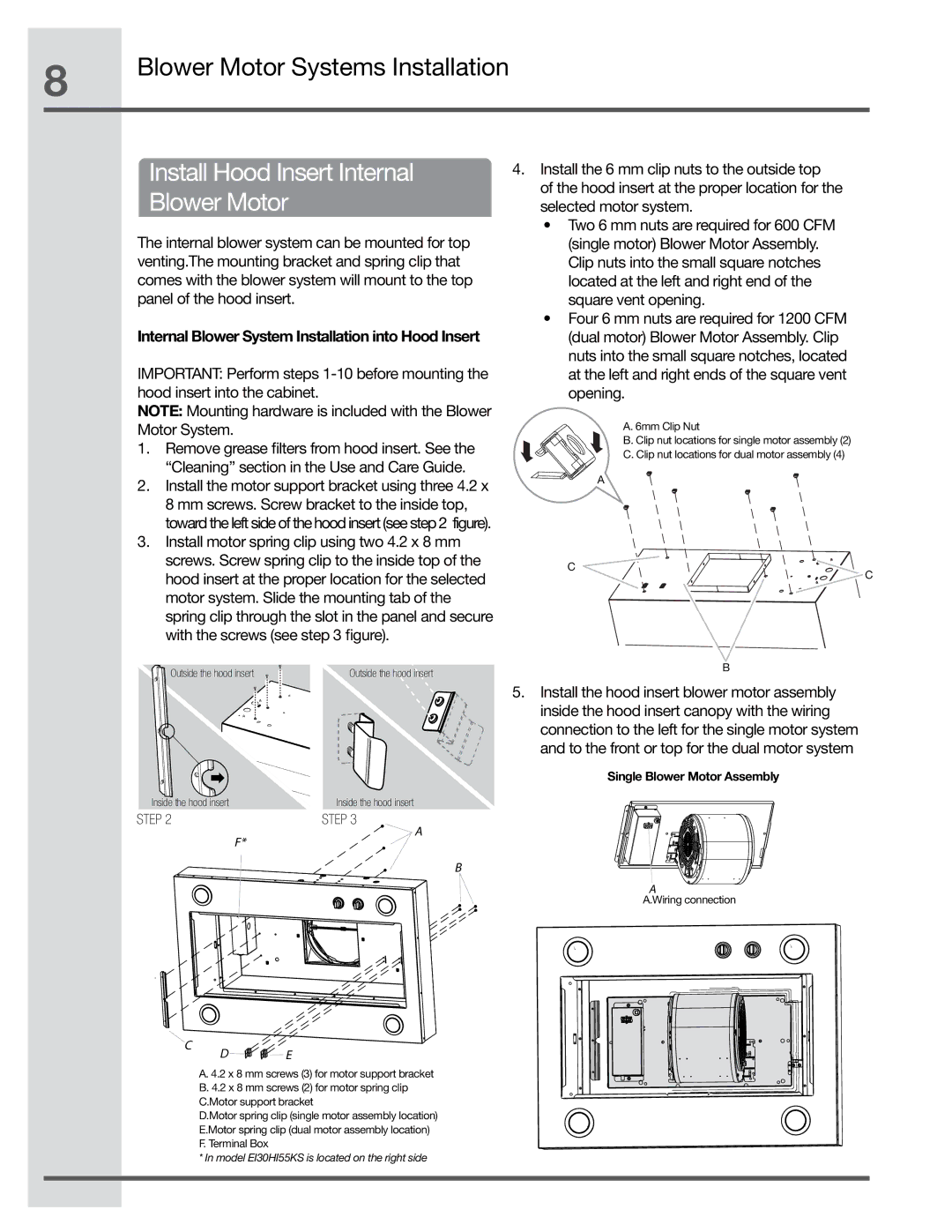 Electrolux EI30HI55KS, EI36HI55KS, EI48HI55KS manual Blower Motor Systems Installation, Install Hood Insert Internal 