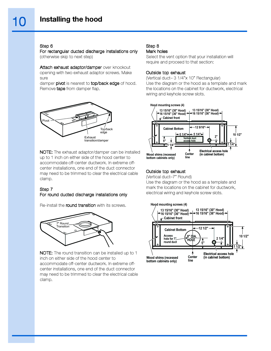 Electrolux EI30WC40GS, EI36WC40GS Step Mark holes, Outside top exhaust, Step For round ducted discharge installations only 