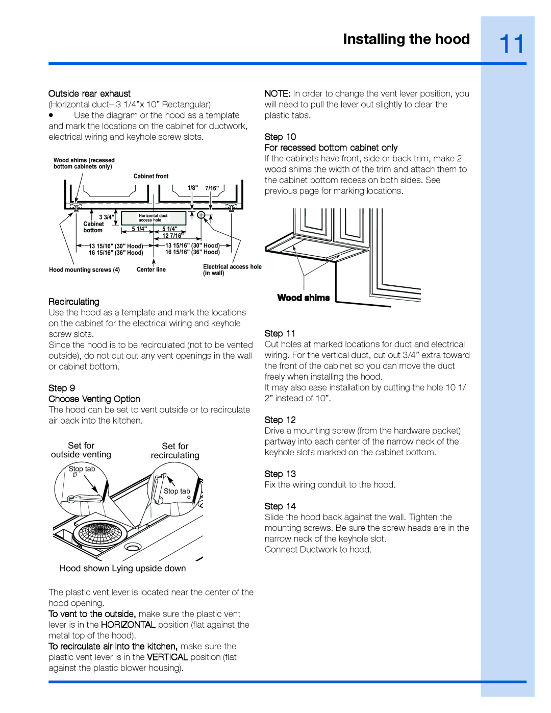 Electrolux 316488521 manual Outside rear exhaust, Step For recessed bottom cabinet only, Recirculating, Wood shims Step 