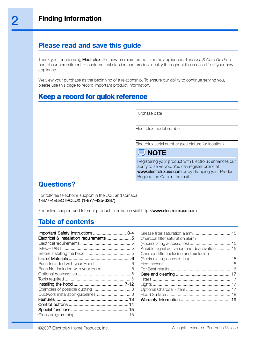 Electrolux 316488521 Please read and save this guide, Keep a record for quick reference, Questions?, Table of contents 