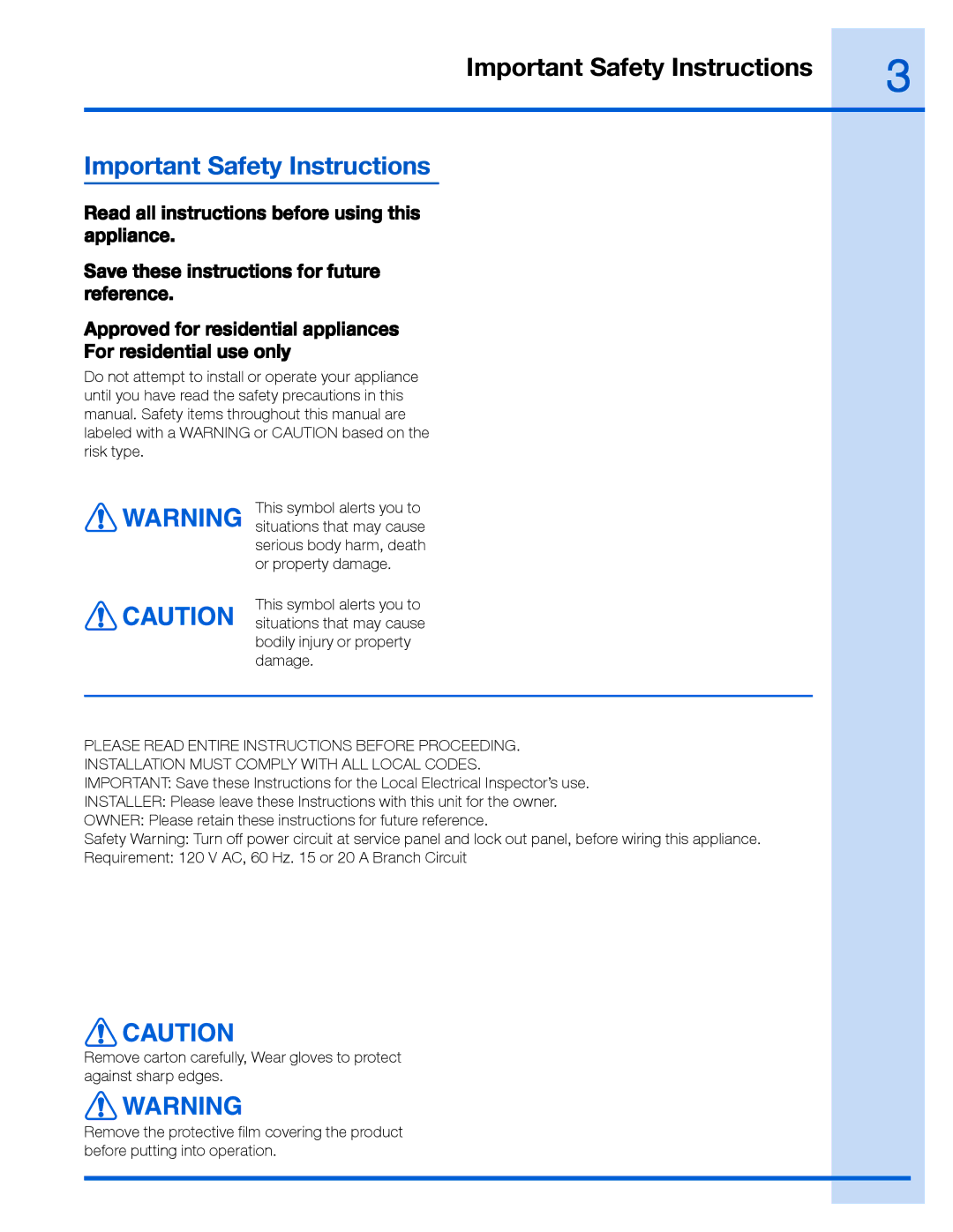 Electrolux EI36WC40GS, EI30WC40GS, 316488521 manual Important Safety Instructions 