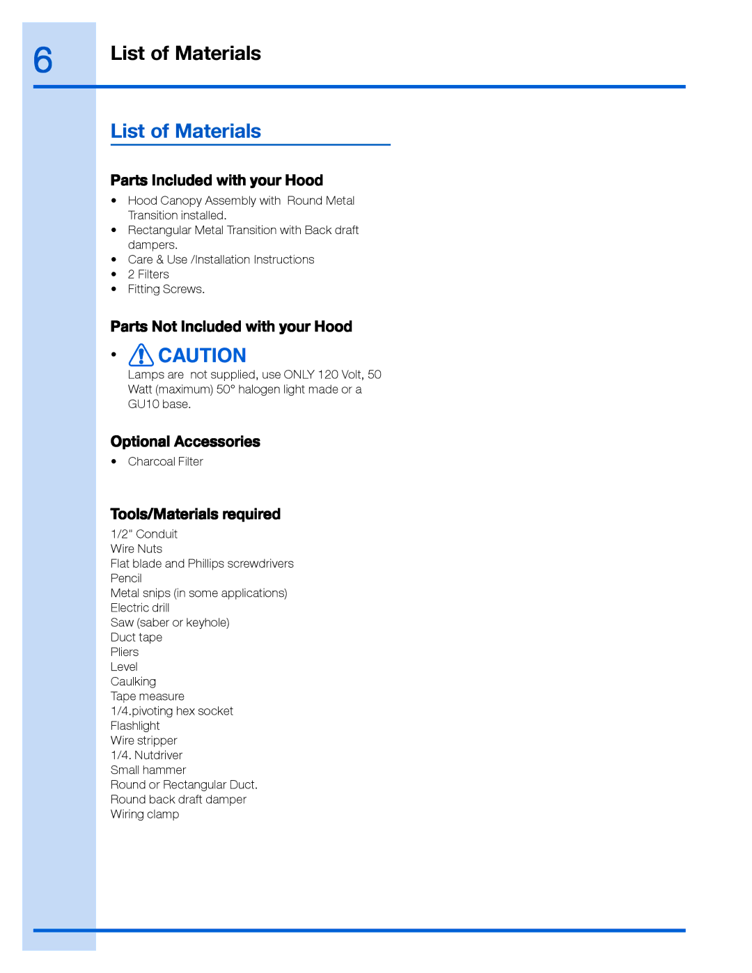 Electrolux EI36WC40GS, EI30WC40GS manual List of Materials, Parts Included with your Hood, Parts Not Included with your Hood 