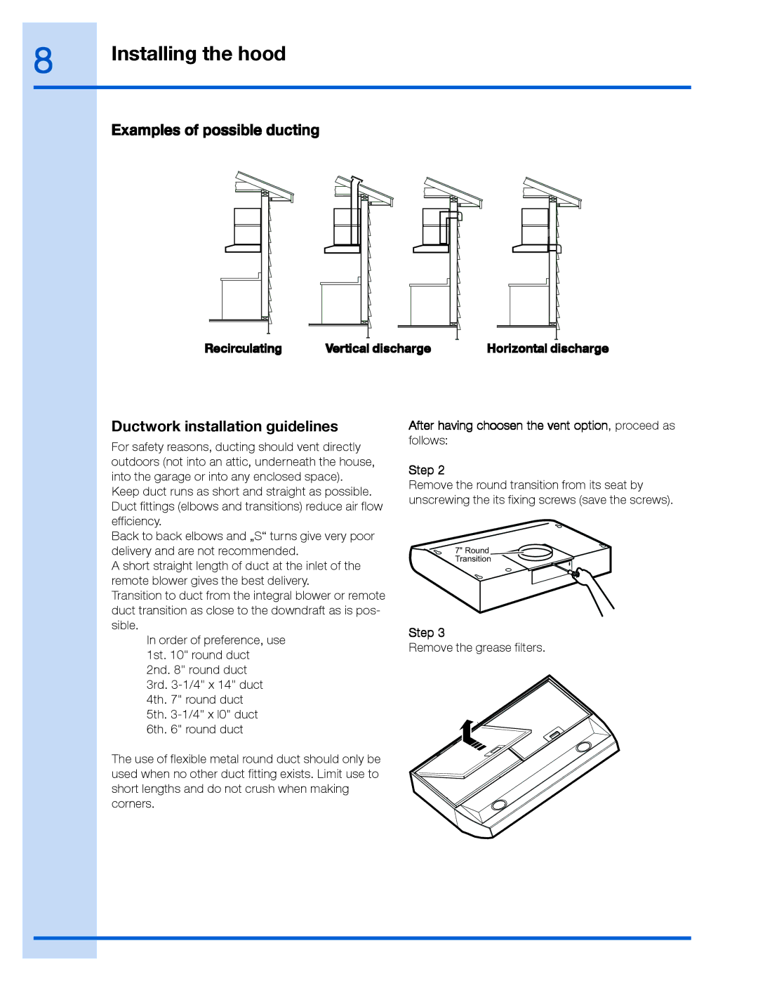 Electrolux 316488521, EI36WC40GS, EI30WC40GS manual Examples of possible ducting, Ductwork installation guidelines 