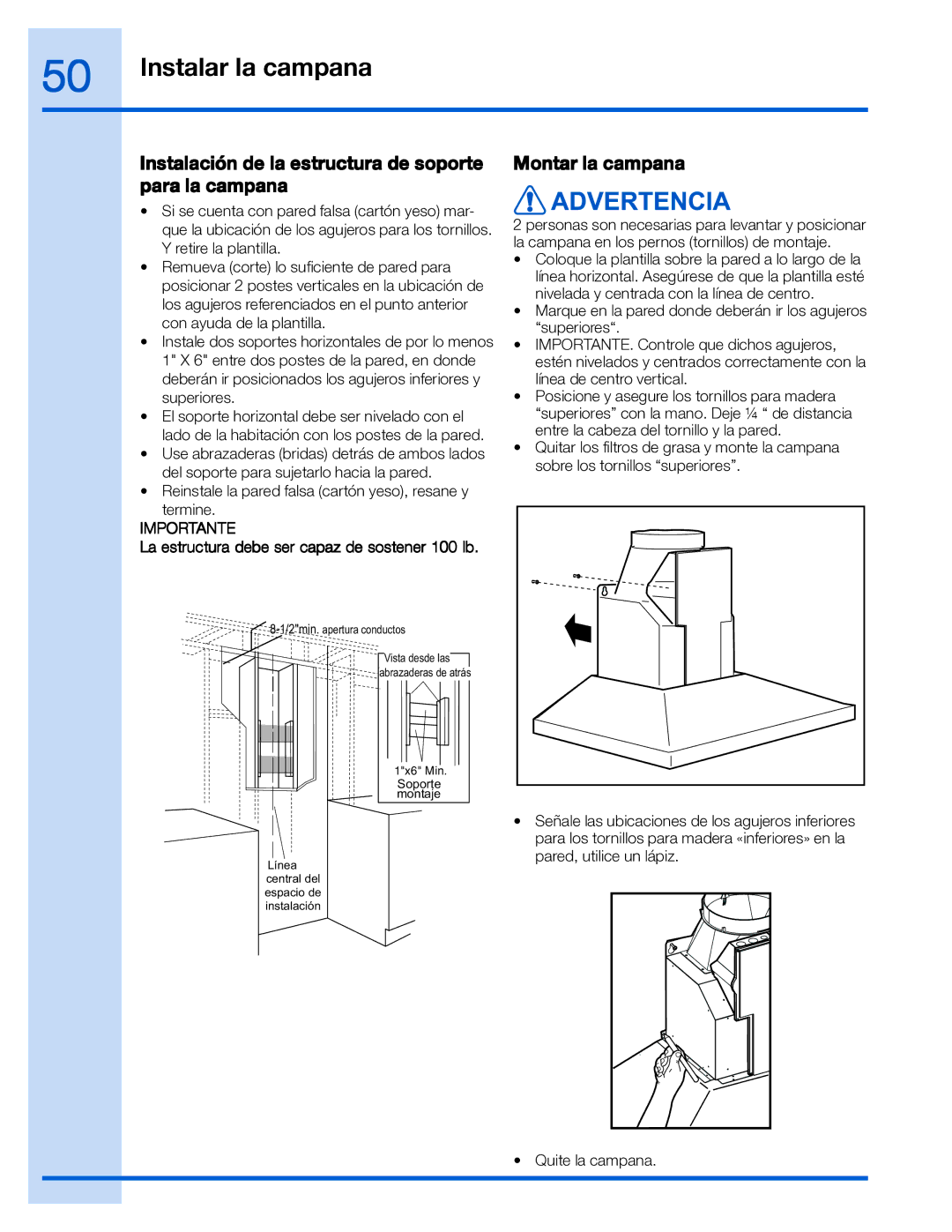 Electrolux EI30WC55GS, EI36WC55GS manual Instalación de la estructura de soporte para la campana, Montar la campana 