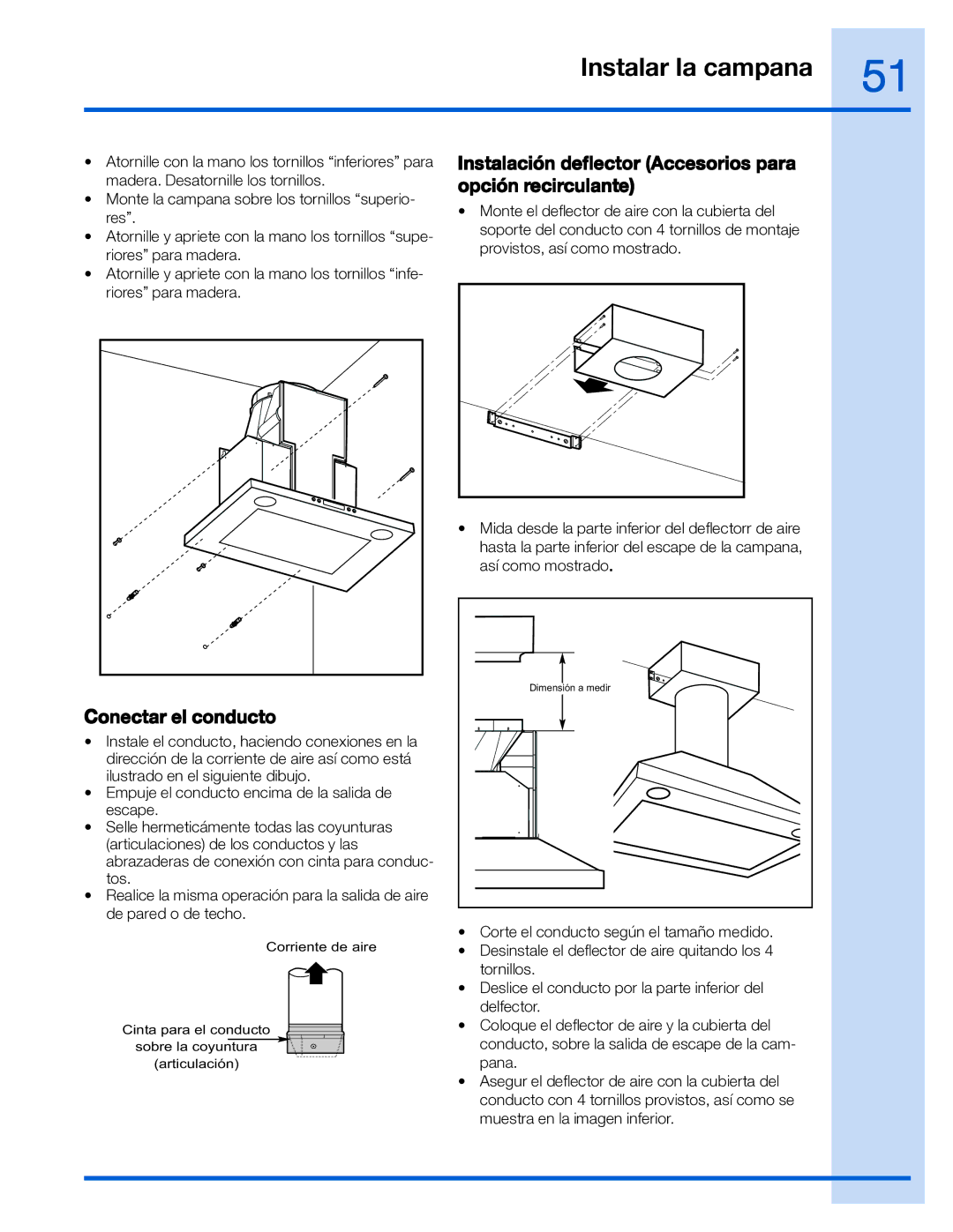 Electrolux EI36WC55GS, EI30WC55GS manual Instalación deflector Accesorios para opción recirculante, Conectar el conducto 