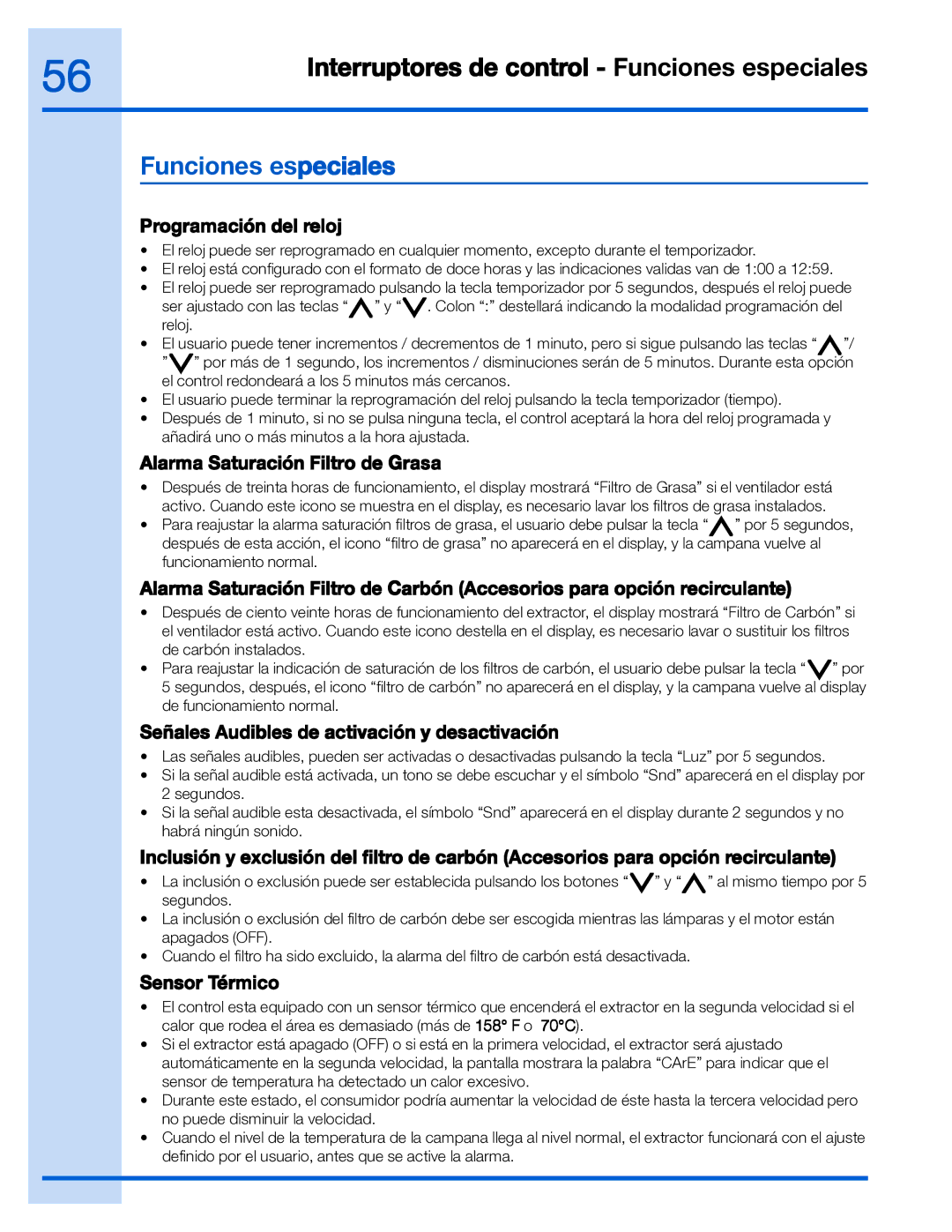 Electrolux EI30WC55GS Funciones especiales, Programación del reloj, Alarma Saturación Filtro de Grasa, Sensor Térmico 