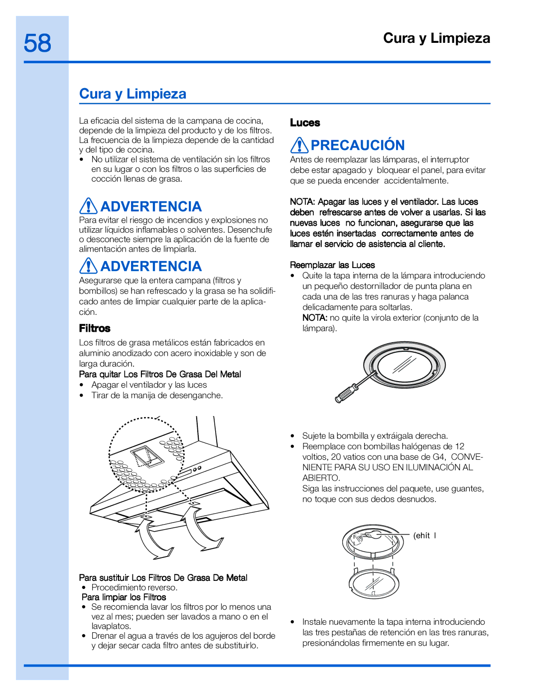 Electrolux EI30WC55GS, EI36WC55GS manual Cura y Limpieza, Filtros, Luces 