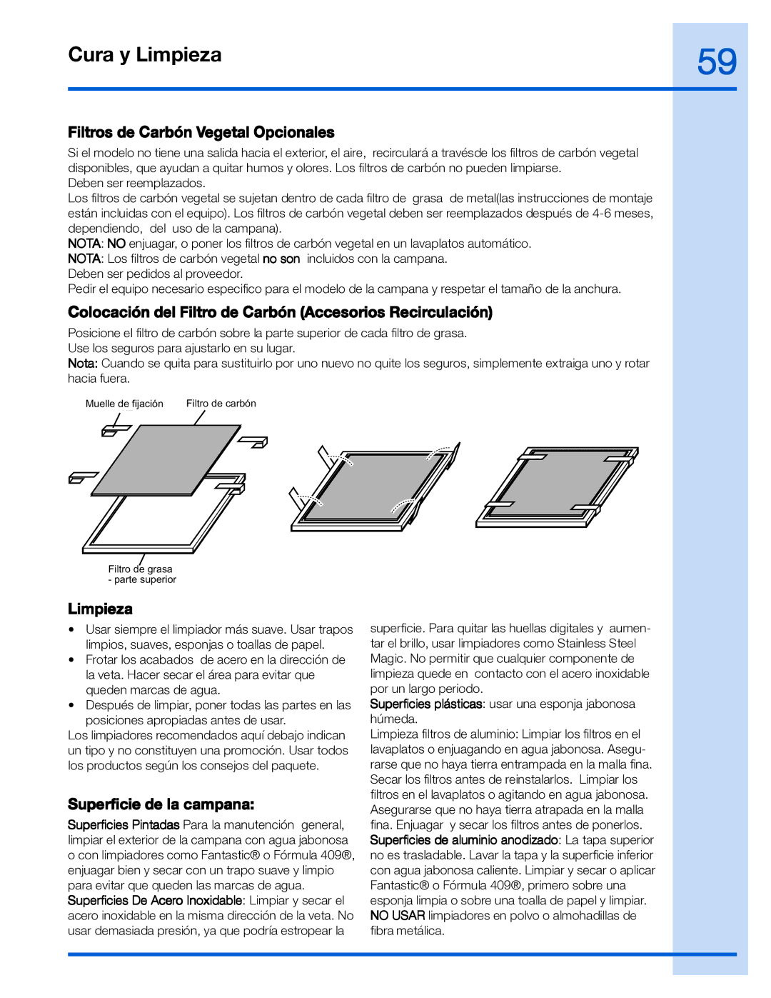 Electrolux EI36WC55GS manual Filtros de Carbón Vegetal Opcionales, Colocación del Filtro de Carbón Accesorios Recirculación 