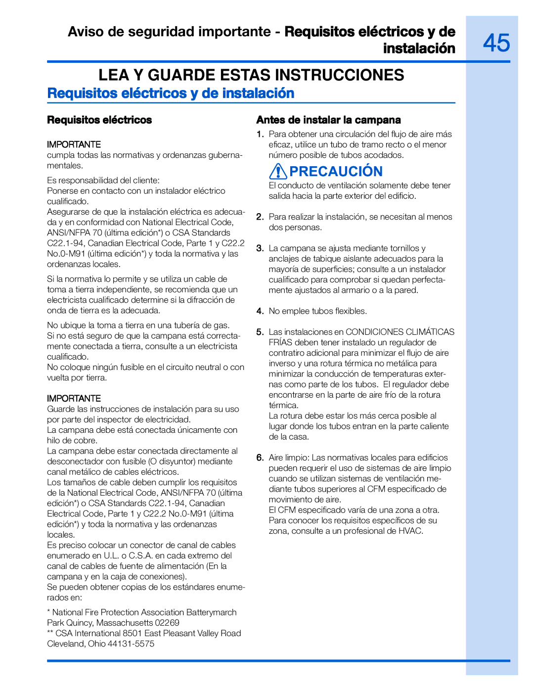 Electrolux EI36WC55GS, EI30WC55GS manual Requisitos eléctricos y de instalación, Antes de instalar la campana 