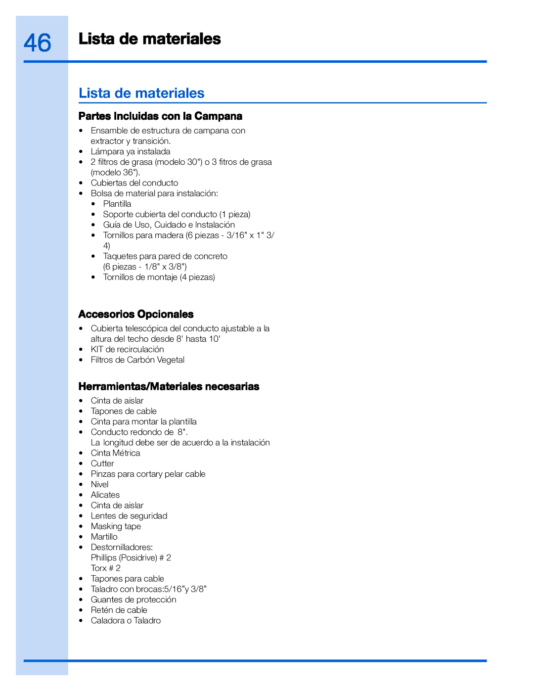 Electrolux EI30WC55GS, EI36WC55GS manual Lista de materiales, Partes Incluidas con la Campana, Accesorios Opcionales 