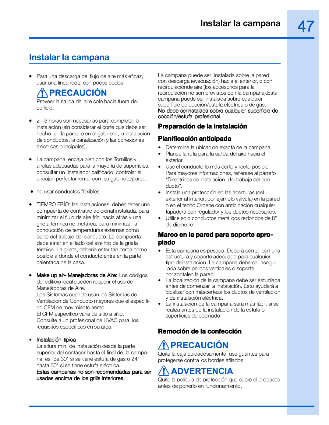 Electrolux EI36WC55GS Instalar la campana, Preparación de la instalación Planificación anticipada, Instalación típica 