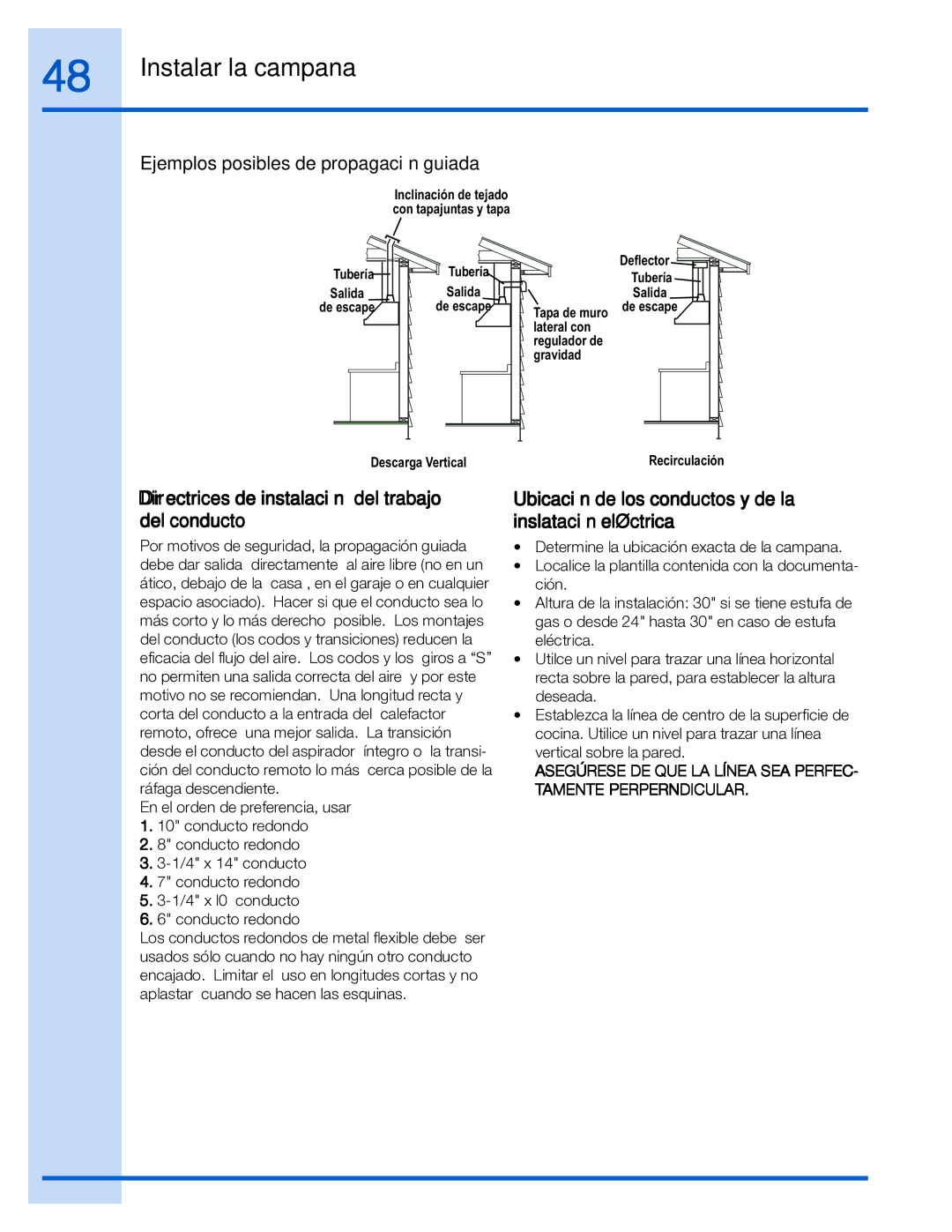 Electrolux EI30WC55GS manual Ejemplos posibles de propagación guiada, Directrices de instalación del trabajo del conducto 