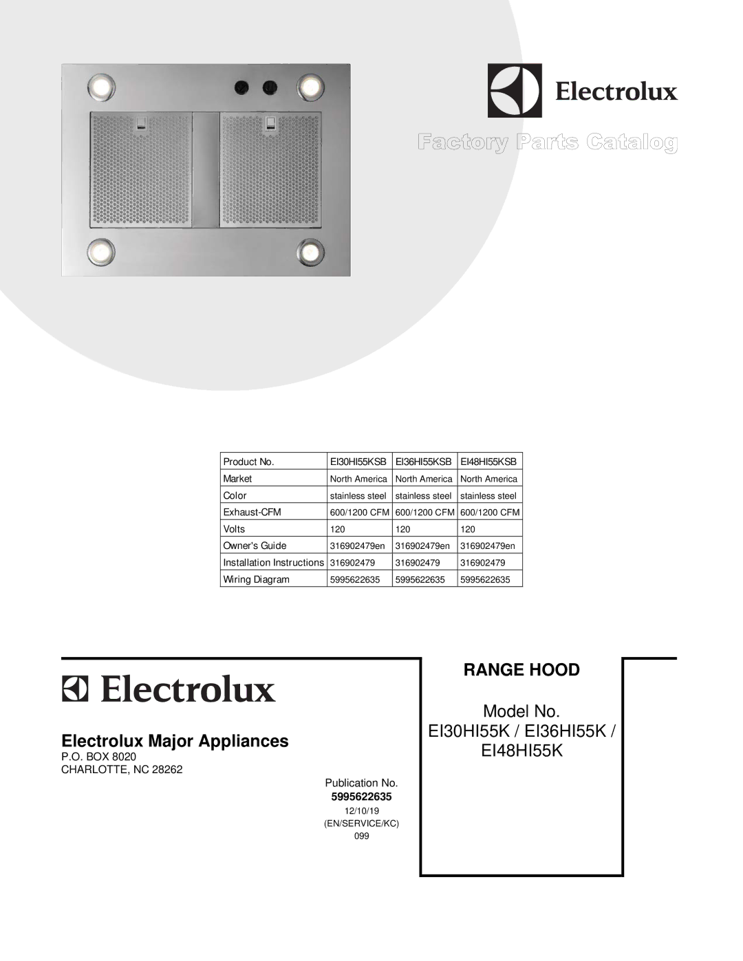 Electrolux EI36HI55KSB, EI48HI55KSB, EI30HI55KSB installation instructions Range Hood 