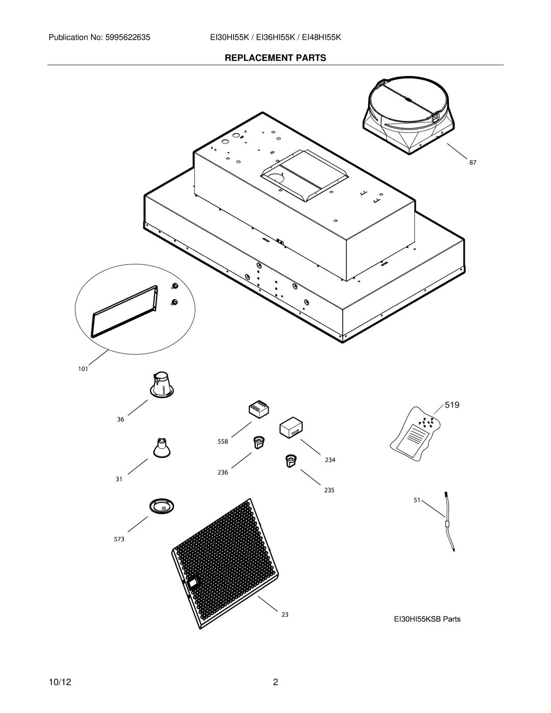 Electrolux EI30HI55KSB, EI48HI55KSB, EI36HI55KSB installation instructions Replacement Parts 