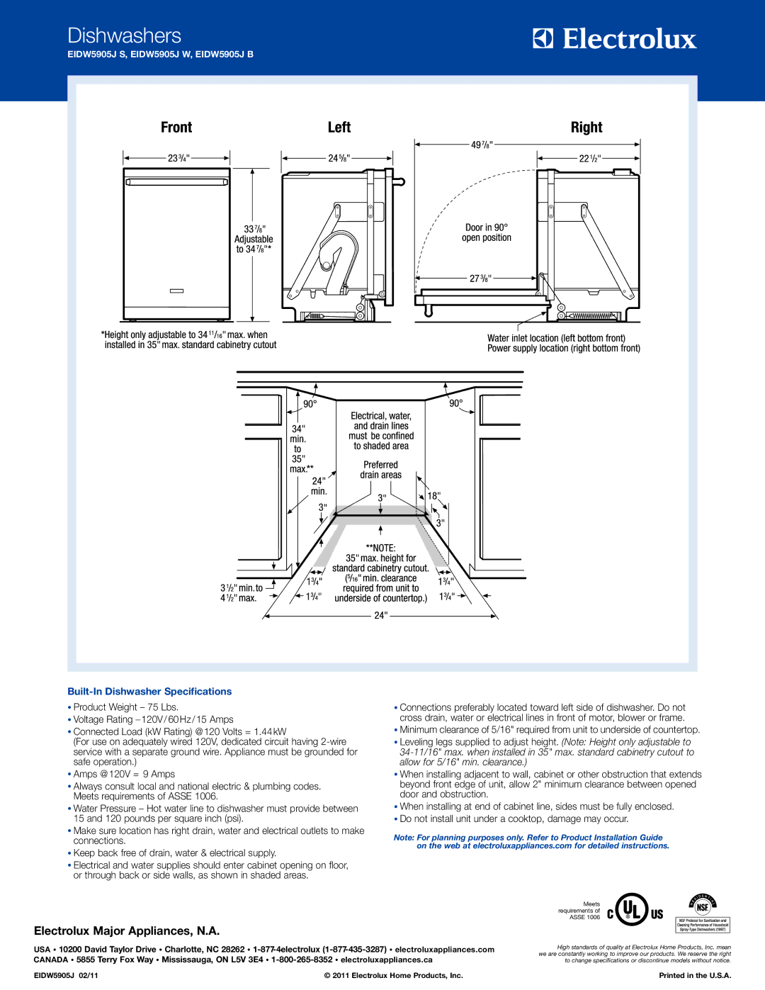 Electrolux specifications Dishwashers, Built-In Dishwasher Specifications, EIDW5905J S, EIDW5905J W, EIDW5905J B 