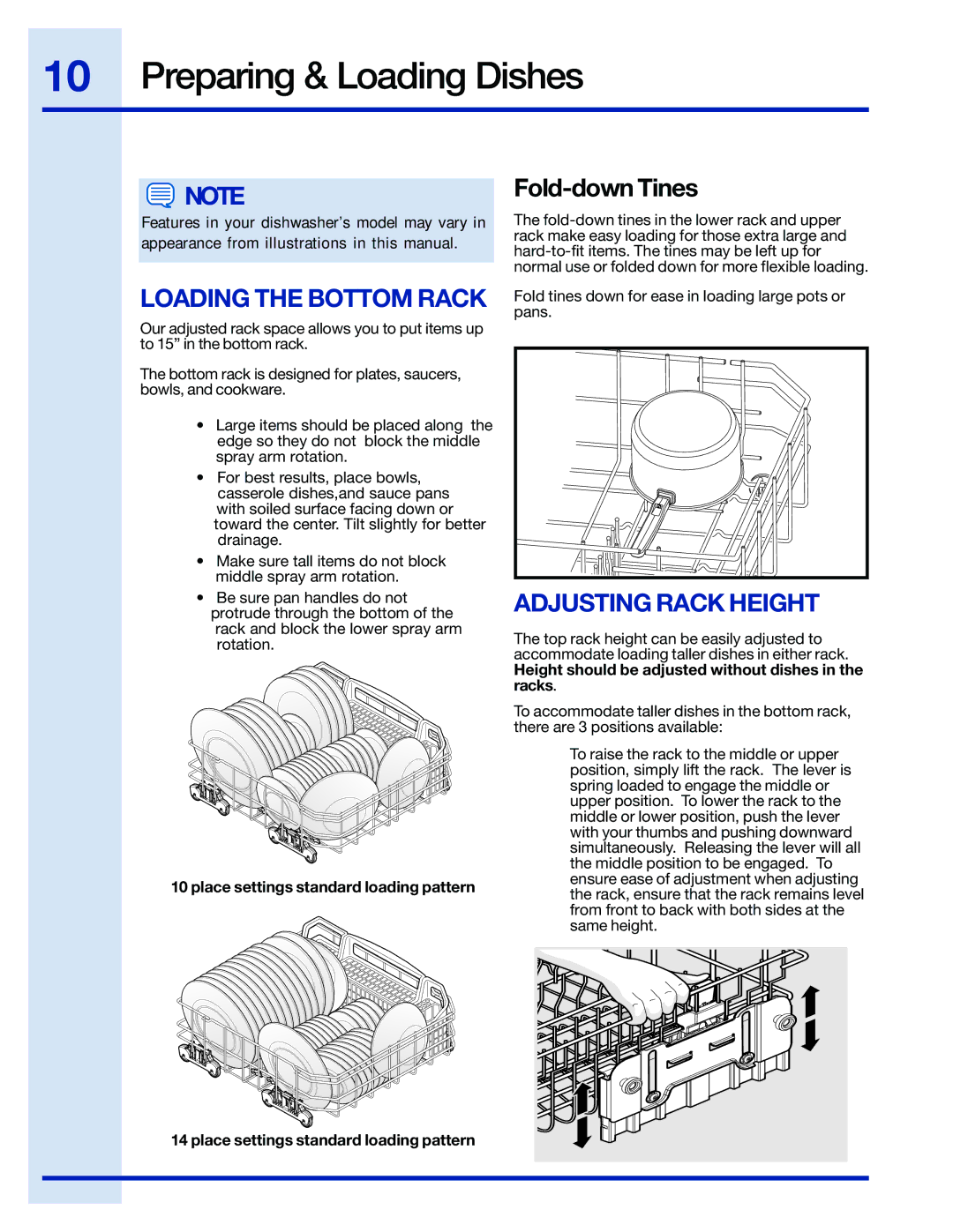 Electrolux EIDW6105 manual Loading the Bottom Rack, Adjusting Rack Height 