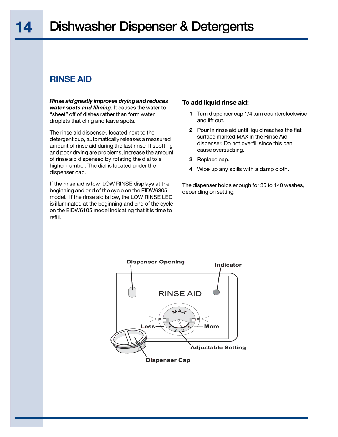 Electrolux EIDW6105 manual Rinse AID, To add liquid rinse aid 