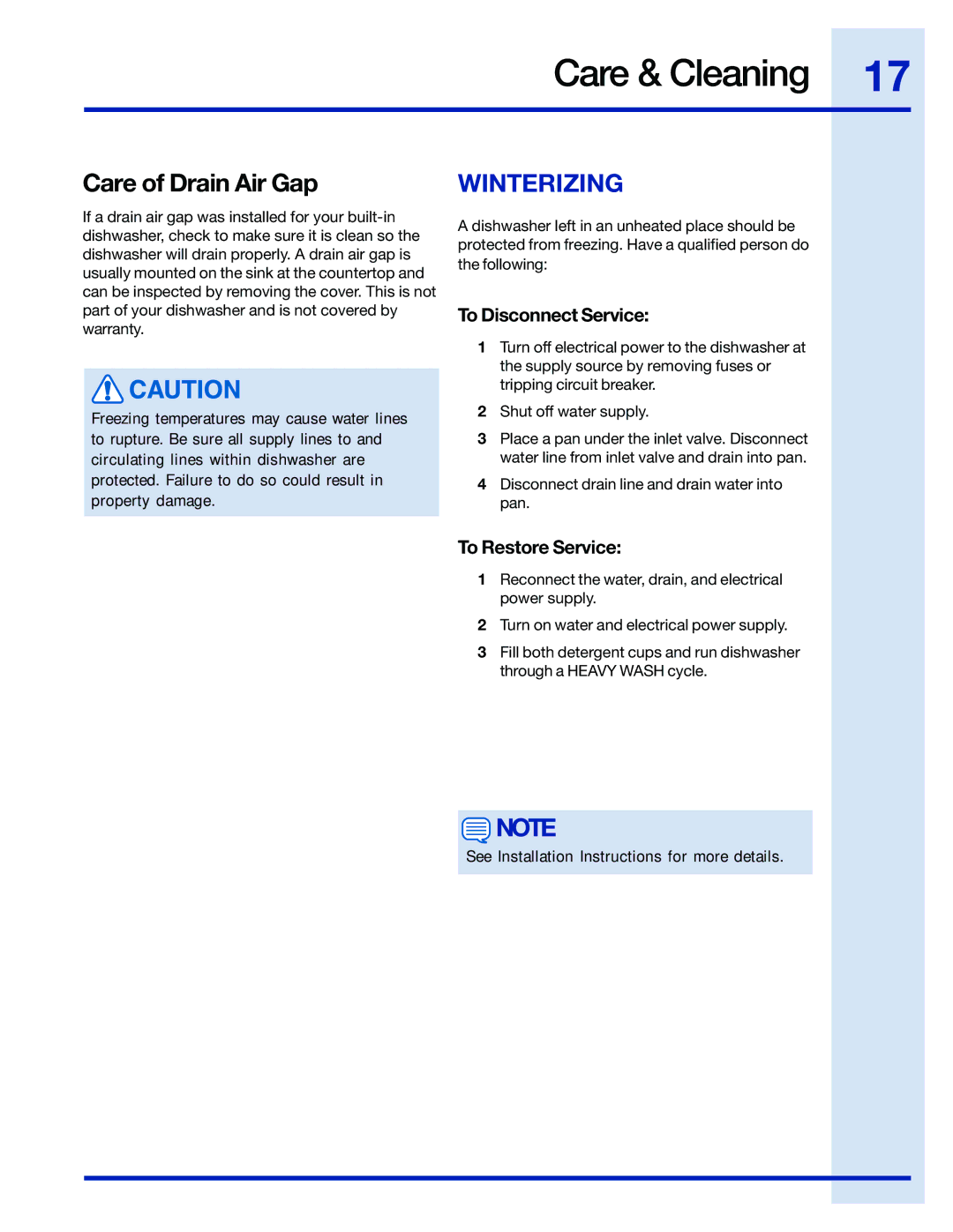 Electrolux EIDW6105 manual Winterizing, To Disconnect Service, To Restore Service 