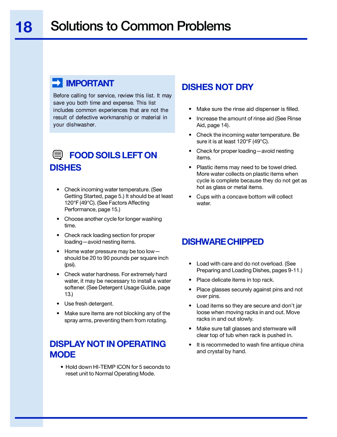 Electrolux EIDW6105 Solutions to Common Problems, Food Soils Left on Dishes, Display not in Operating Mode Dishes not DRY 