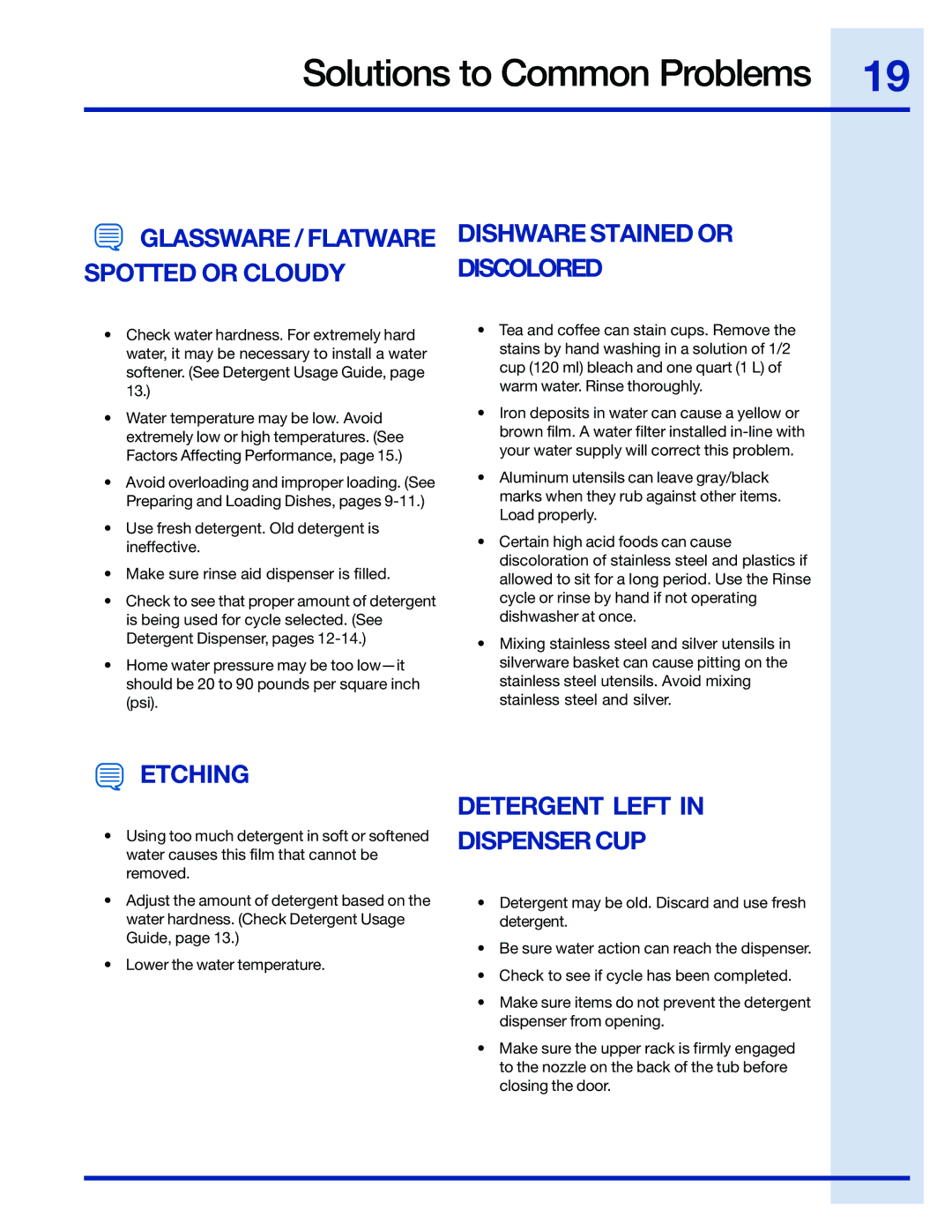 Electrolux EIDW6105 manual Spotted or Cloudy Discolored, Etching, Detergent Left Dispenser CUP 