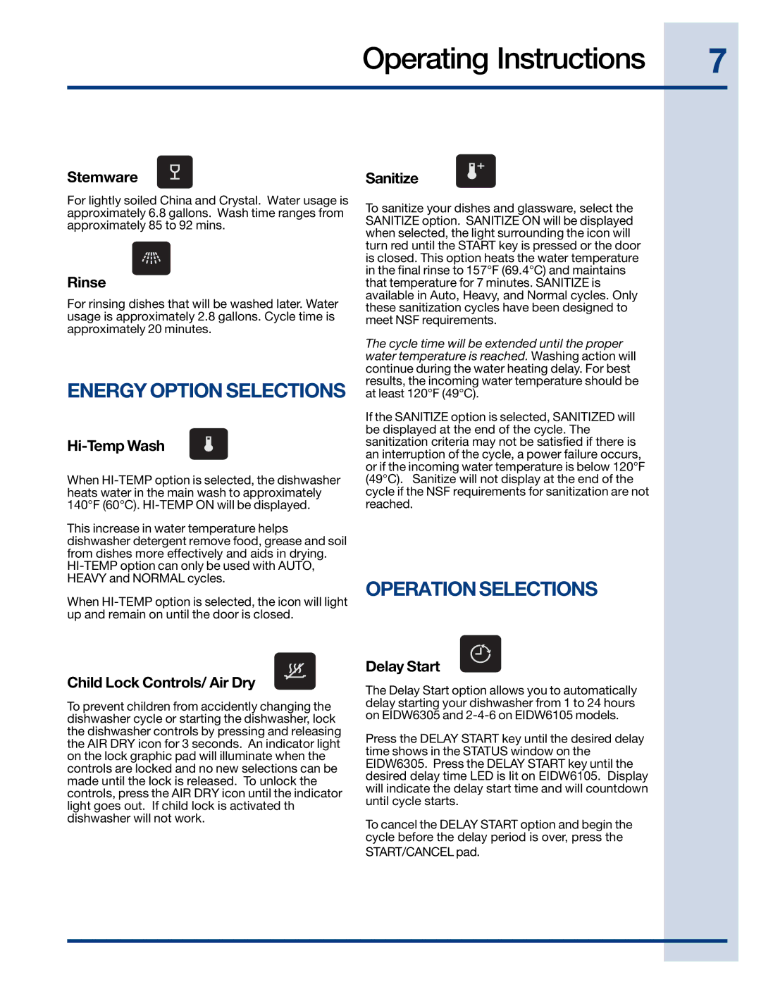 Electrolux EIDW6105 manual Energy Option Selections, Operation Selections 